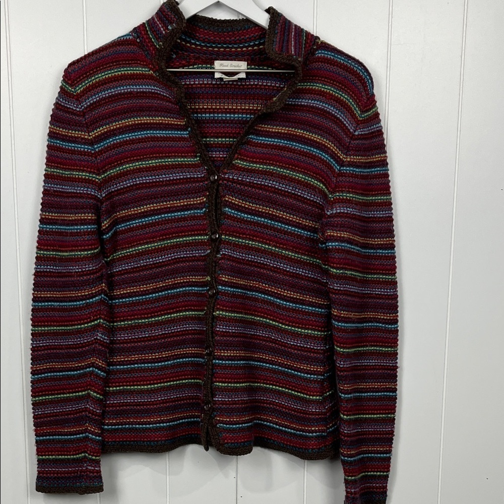 C & B Womens Hand Crochet/Knit Cardigan M Multicolor Stripe Button Up Beauty EUC
